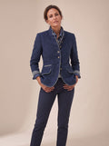 Women's Piped Trim Mandarin Collar Blazer Cardigan - Blue