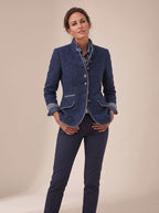 Women's Piped Trim Mandarin Collar Blazer Cardigan - Blue