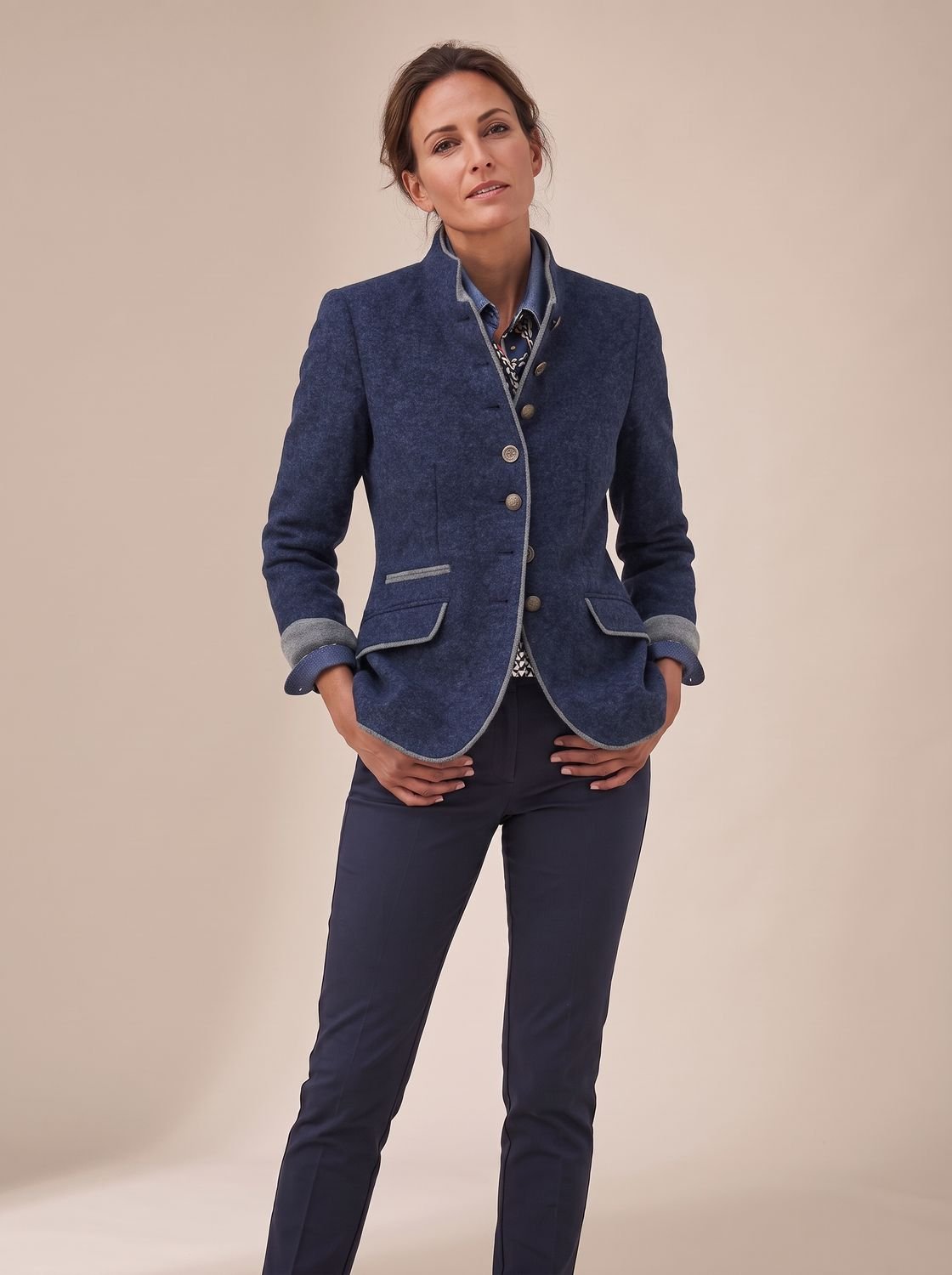 Women's Piped Trim Mandarin Collar Blazer Cardigan - Blue