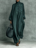 Women's Green Linen Maxi Dress with Floral Embroidery – Green