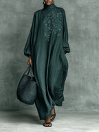 Women's Green Linen Maxi Dress with Floral Embroidery – Green