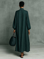 Women's Green Linen Maxi Dress with Floral Embroidery