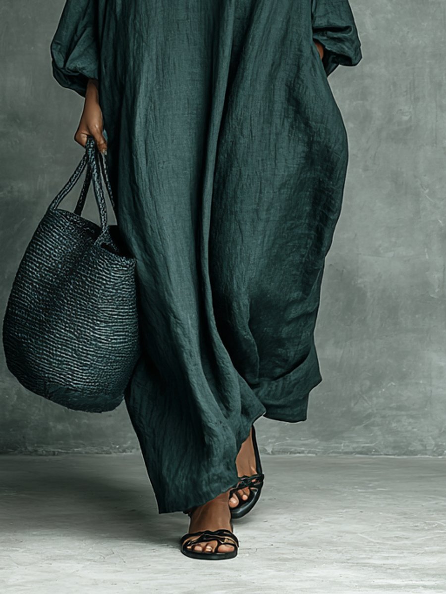 Women's Green Linen Maxi Dress with Floral Embroidery