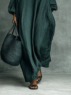 Women's Green Linen Maxi Dress with Floral Embroidery