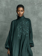 Women's Green Linen Maxi Dress with Floral Embroidery