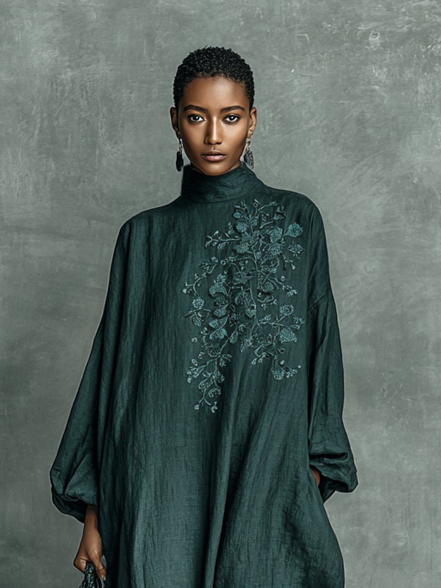 Women's Green Linen Maxi Dress with Floral Embroidery