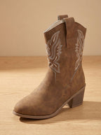 Women's Stitched Western Mid-Calf Boots with Block Heel - Dark Brown