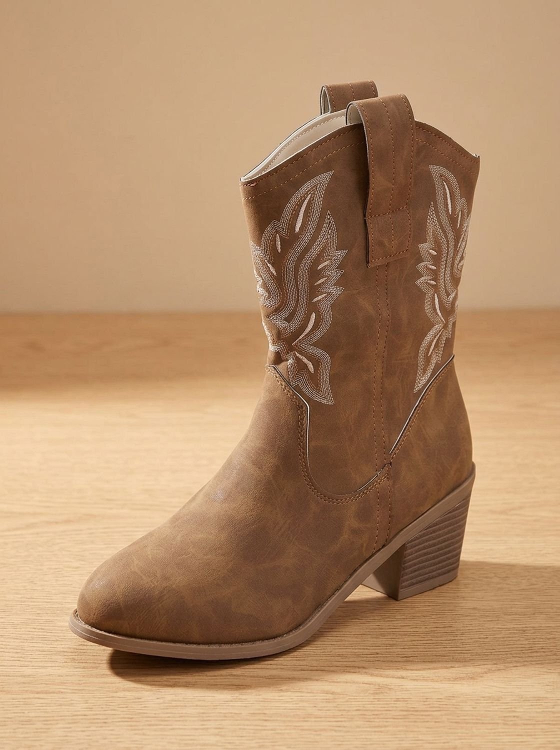 Women's Stitched Western Mid-Calf Boots with Block Heel - Dark Brown