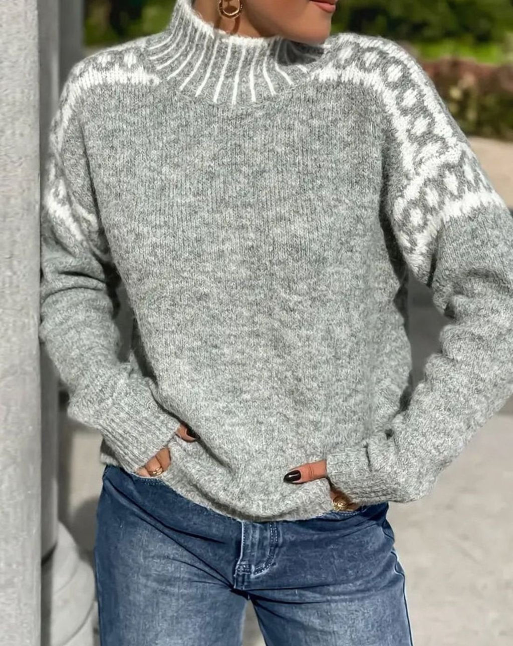 Women's Patterned Yoke Roll Neck Knit Jumper - Grey
