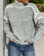 Women's Patterned Yoke Roll Neck Knit Jumper - Grey