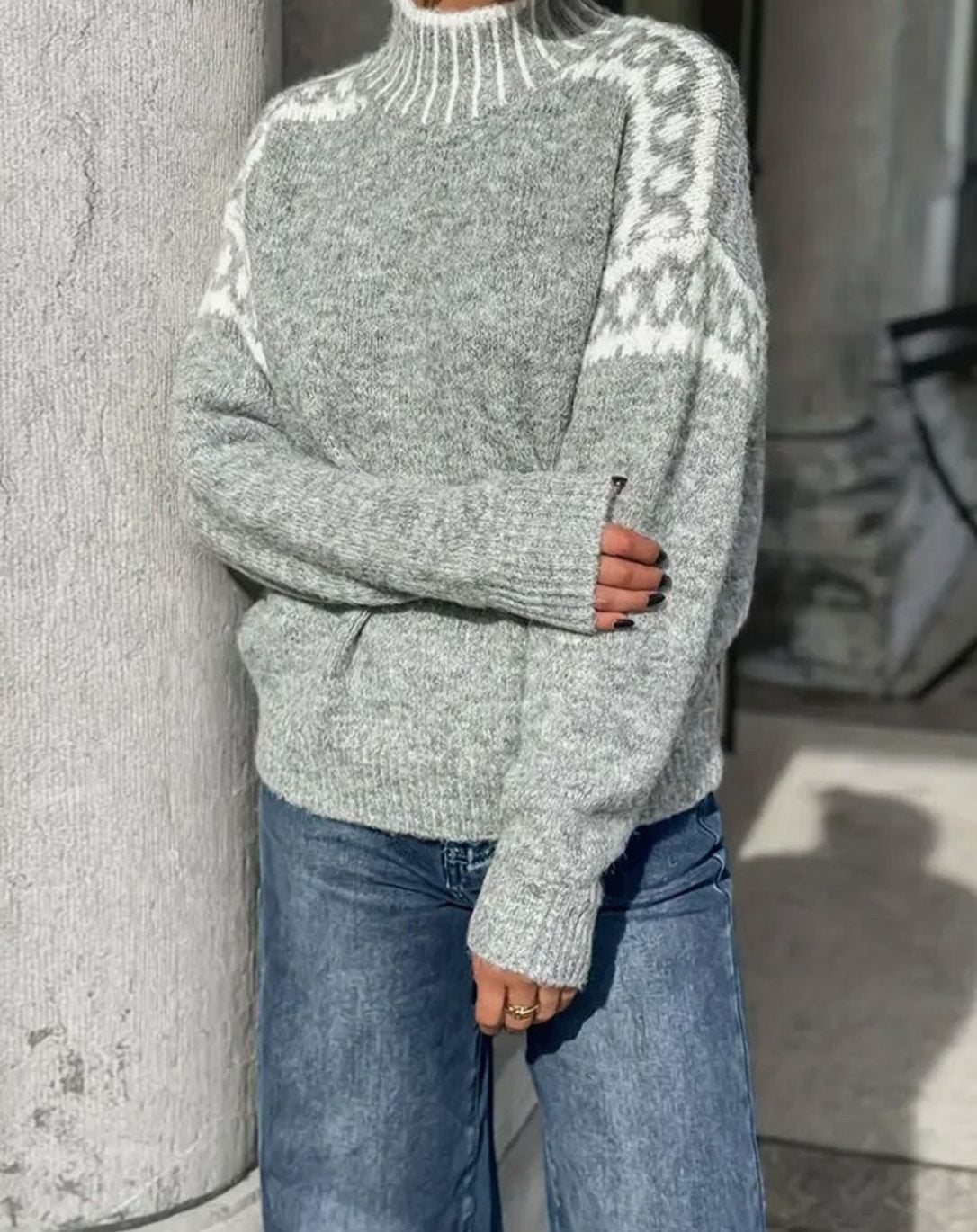 Women's Patterned Yoke Roll Neck Knit Jumper