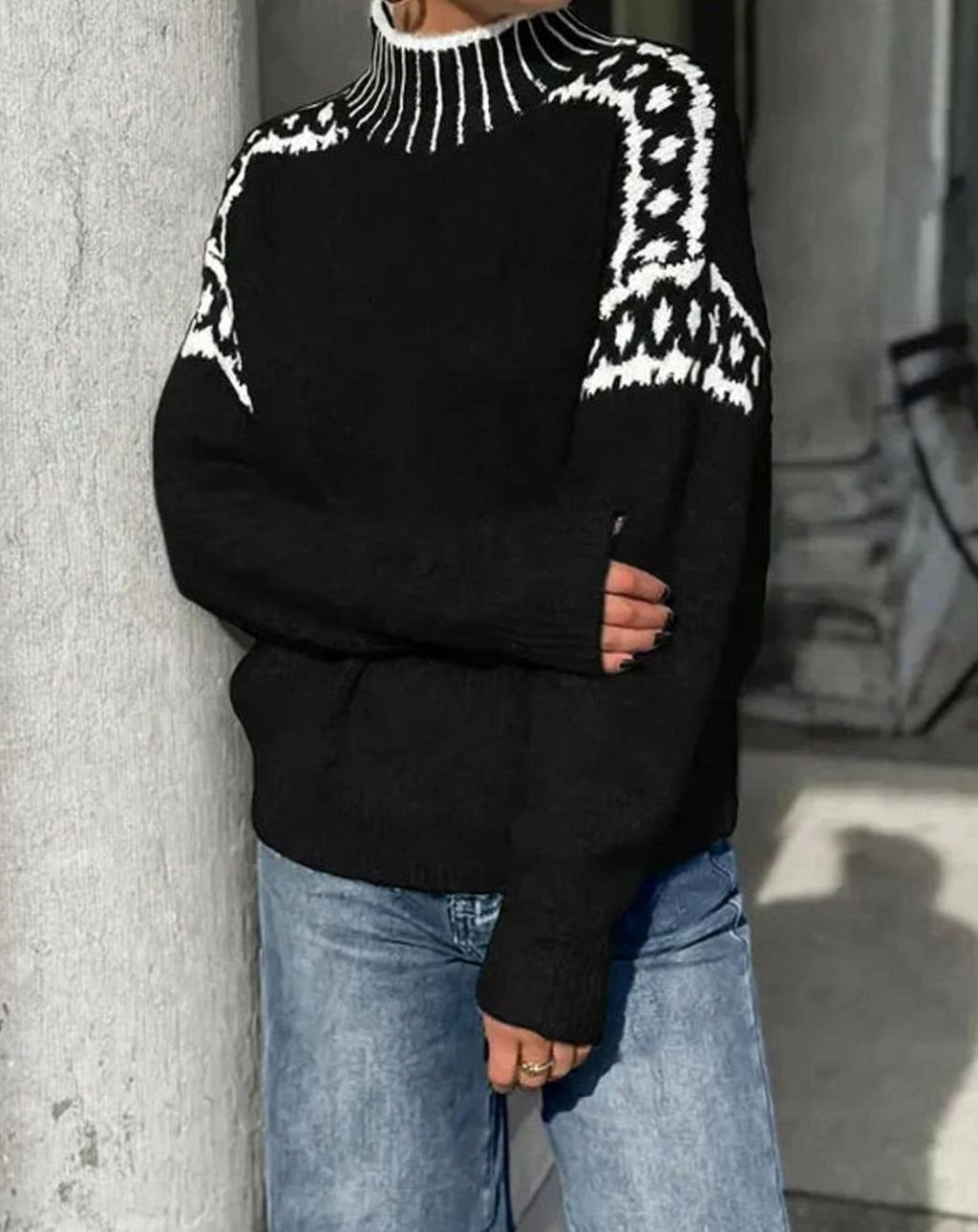 Women's Patterned Yoke Roll Neck Knit Jumper