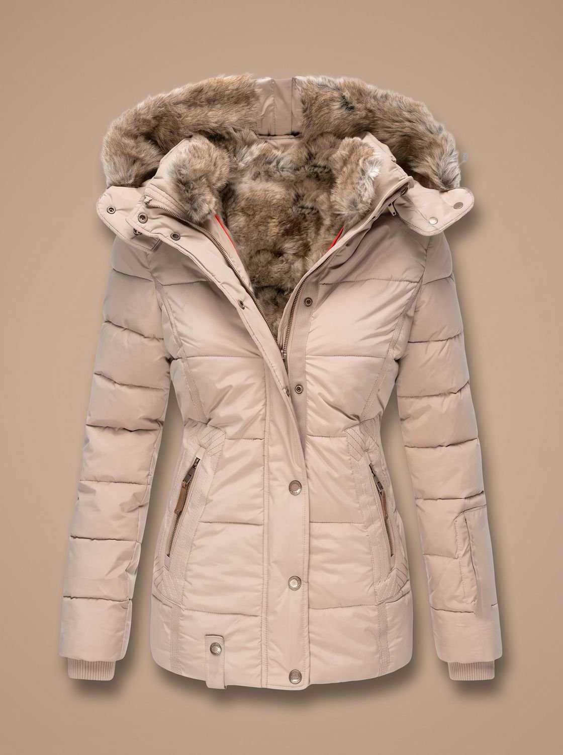 Women's Waist-Defining Quilted Puffer with Faux-Fur Lined Hood - Beige