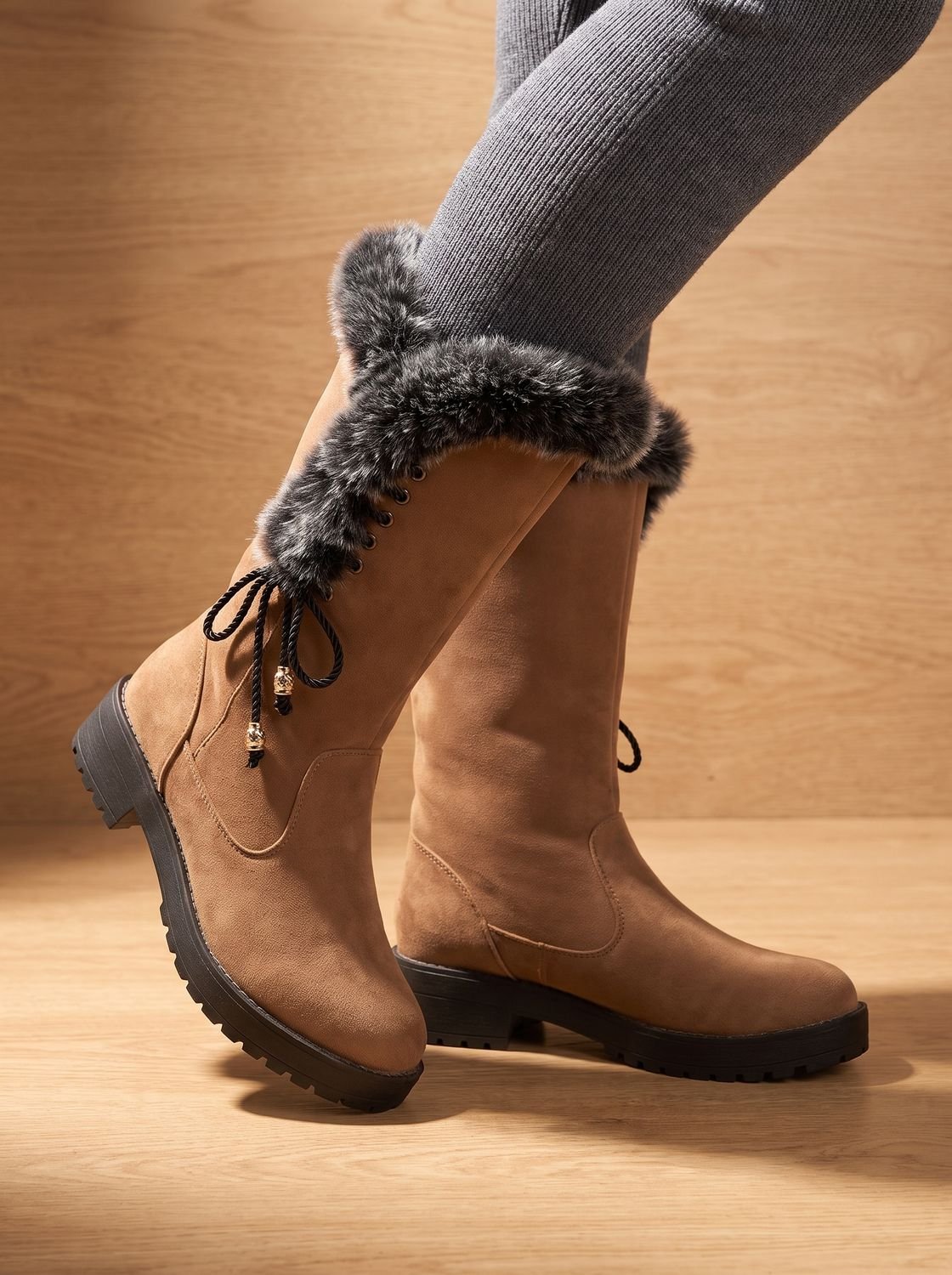 Women's Faux Fur Cuff Tall Winter Boots with Low Block Heel - Yellow