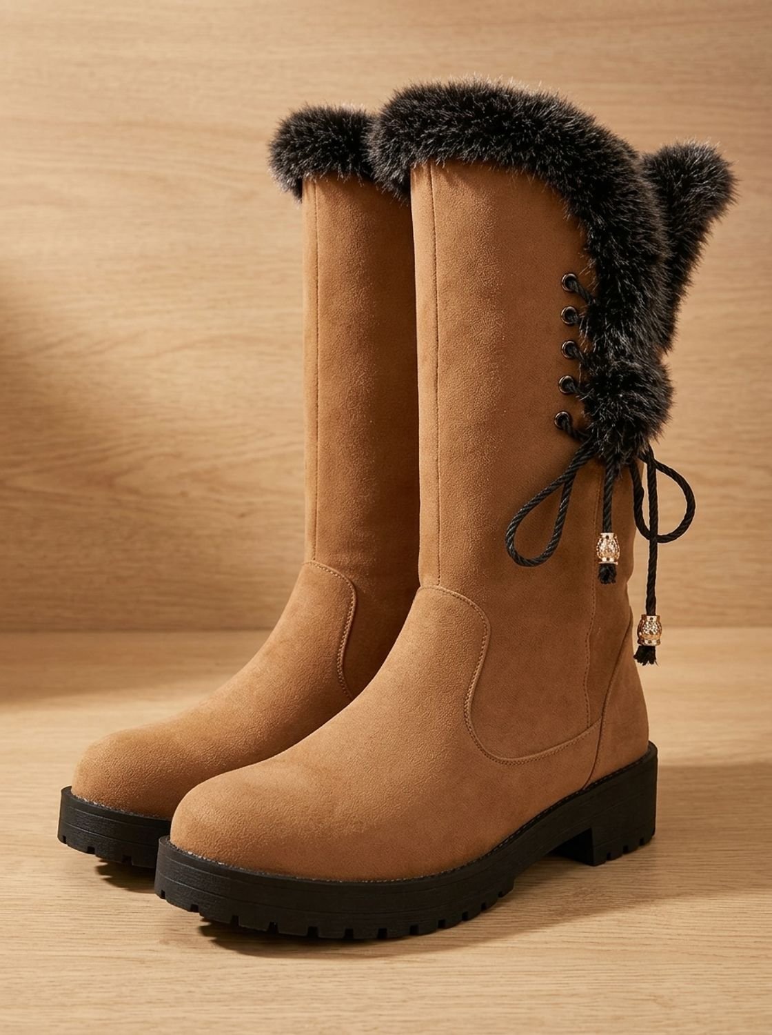 Women's Faux Fur Cuff Tall Winter Boots with Low Block Heel
