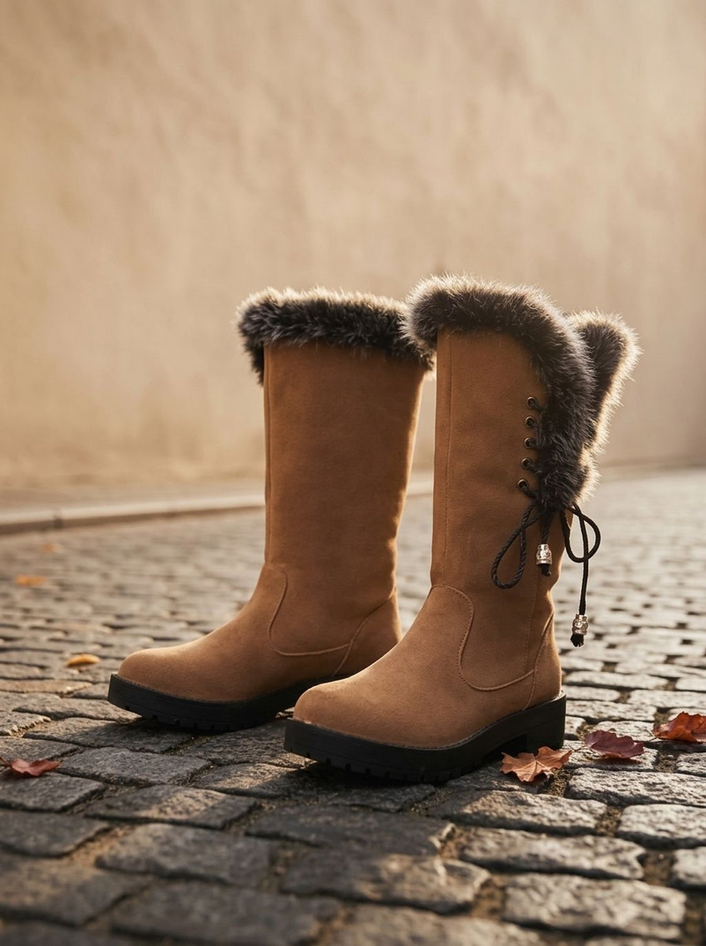Women's Faux Fur Cuff Tall Winter Boots with Low Block Heel