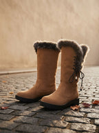 Women's Faux Fur Cuff Tall Winter Boots with Low Block Heel