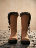 Women's Faux Fur Cuff Tall Winter Boots with Low Block Heel