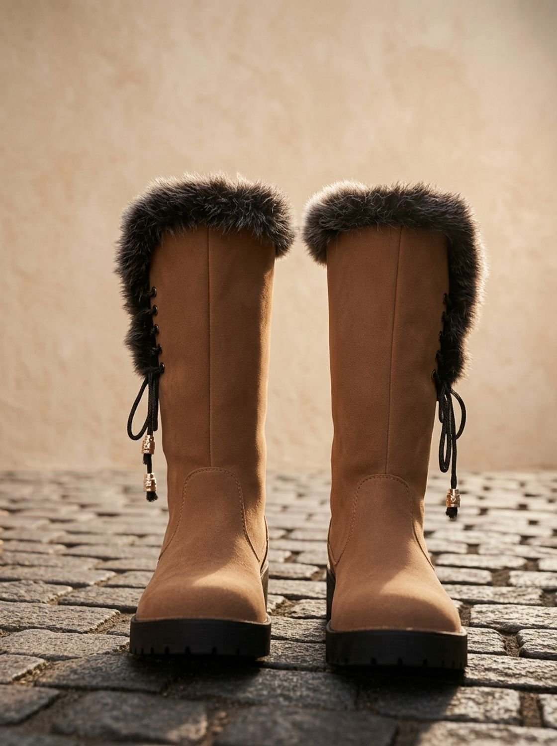 Women's Faux Fur Cuff Tall Winter Boots with Low Block Heel