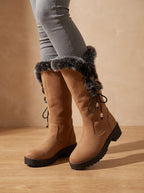 Women's Faux Fur Cuff Tall Winter Boots with Low Block Heel