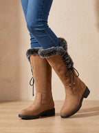Women's Faux Fur Cuff Tall Winter Boots with Low Block Heel