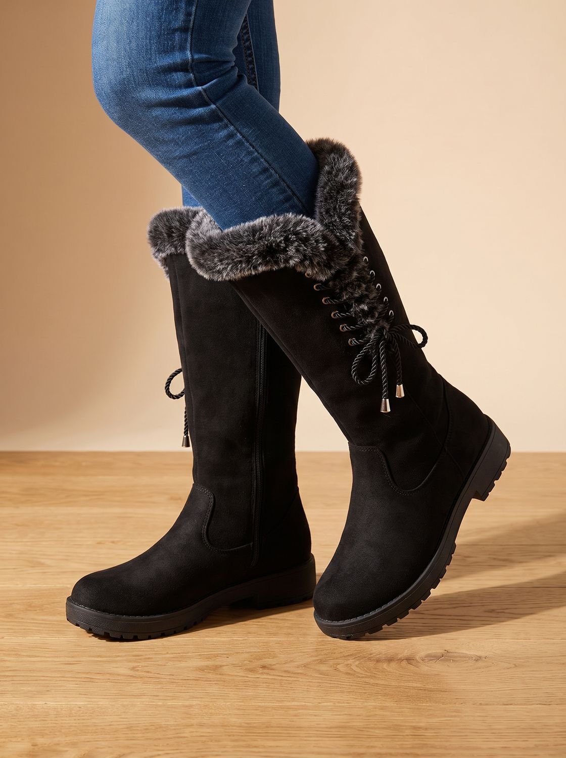 Women's Faux Fur Cuff Tall Winter Boots with Low Block Heel