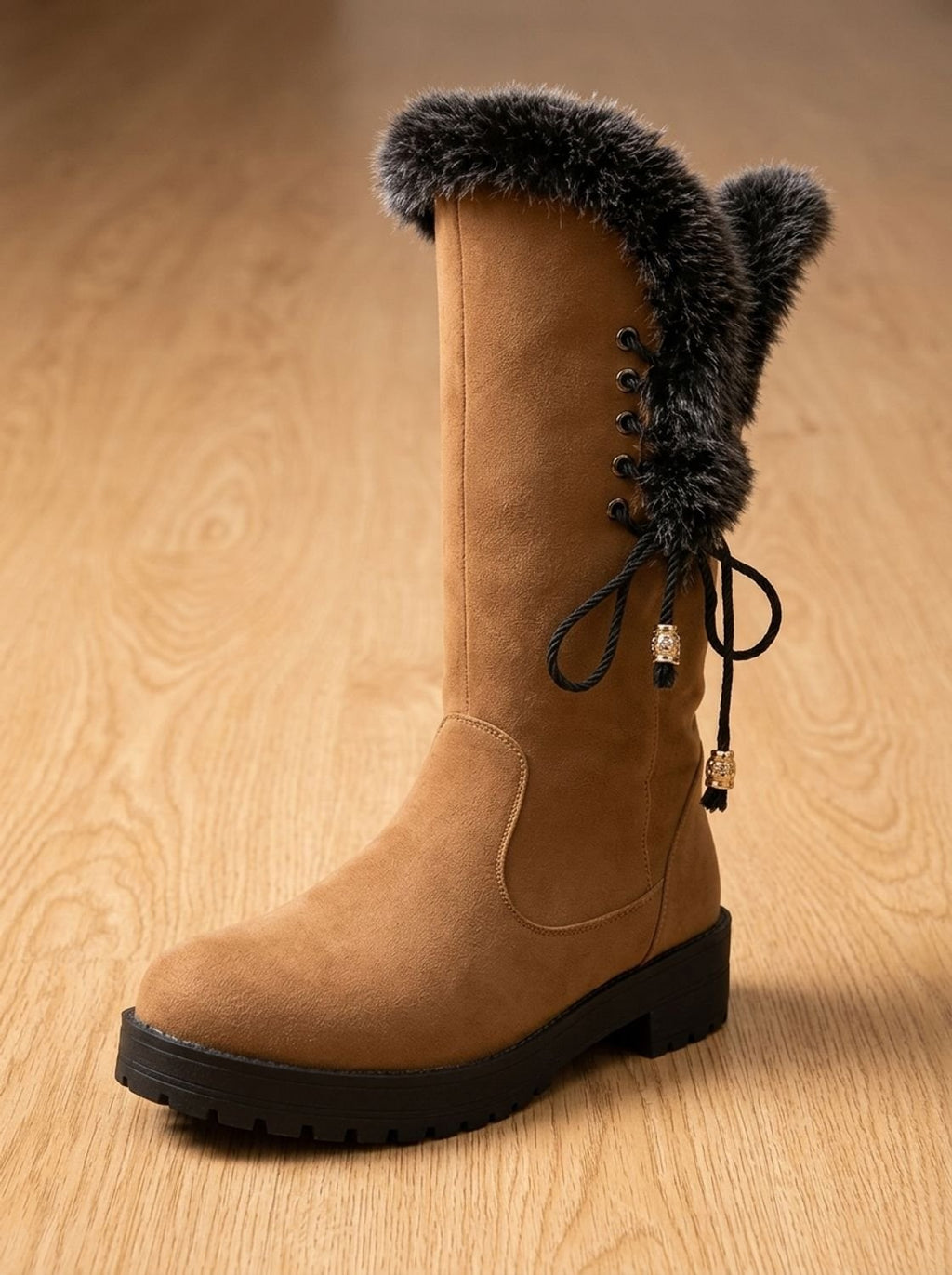 Women's Faux Fur Cuff Tall Winter Boots with Low Block Heel