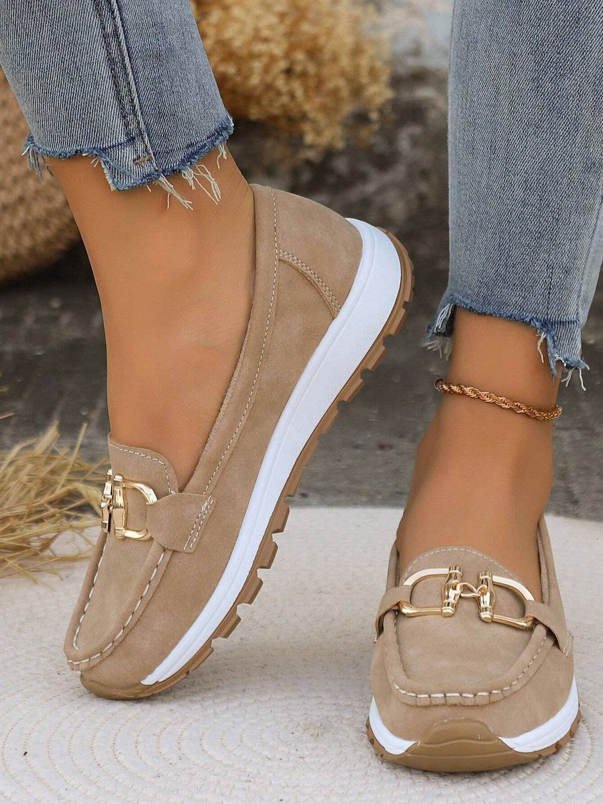 Women's Flat Slip-On Loafers with Gold Buckle Detail