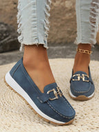 Women's Flat Slip-On Loafers with Gold Buckle Detail
