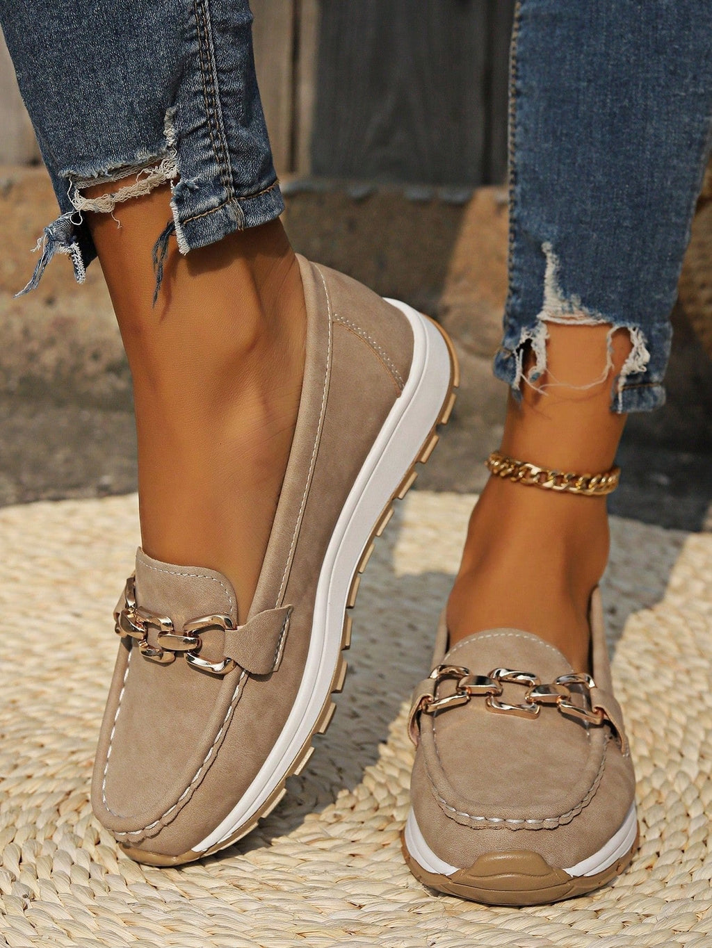 Women's Flat Slip-On Loafers with Gold Buckle Detail – Khaki
