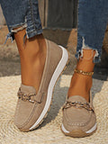 Women's Flat Slip-On Loafers with Gold Buckle Detail – Khaki