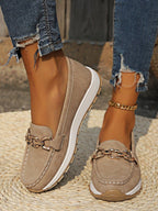 Women's Flat Slip-On Loafers with Gold Buckle Detail – Khaki