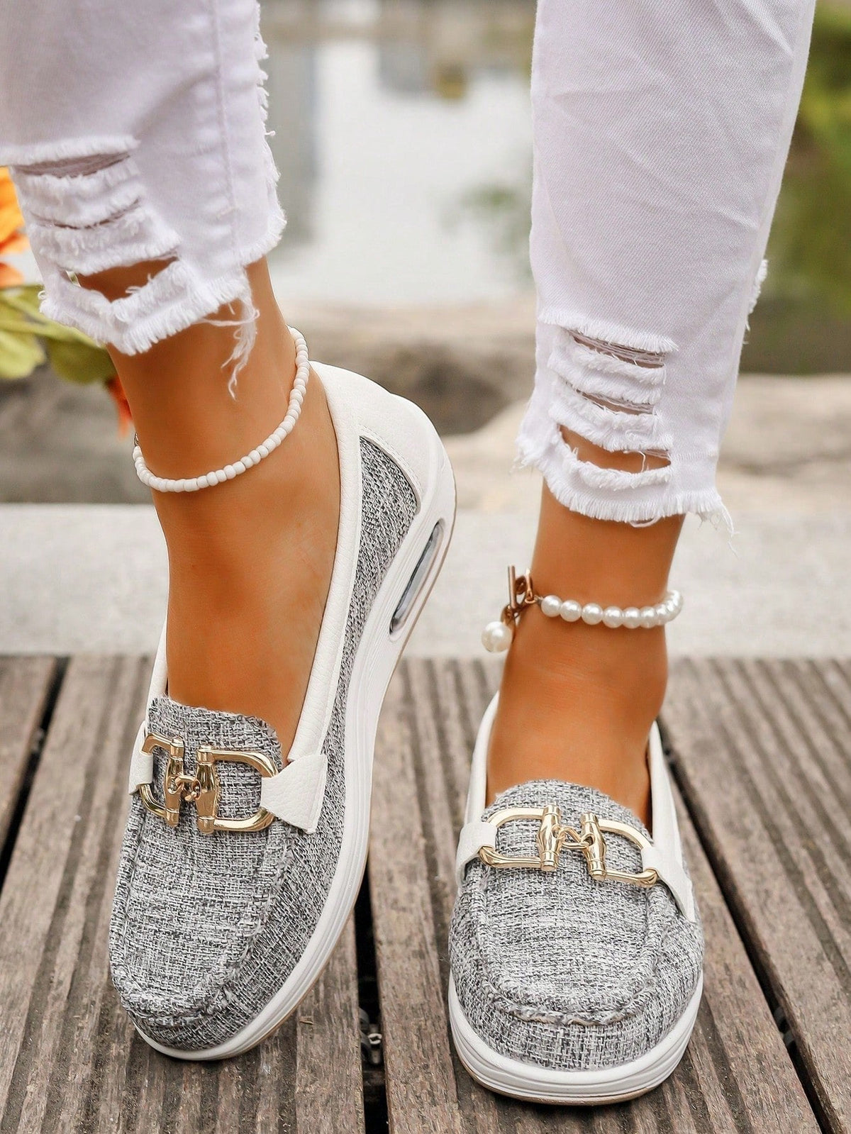 Women's Flat Slip-On Loafers with Gold Buckle Detail