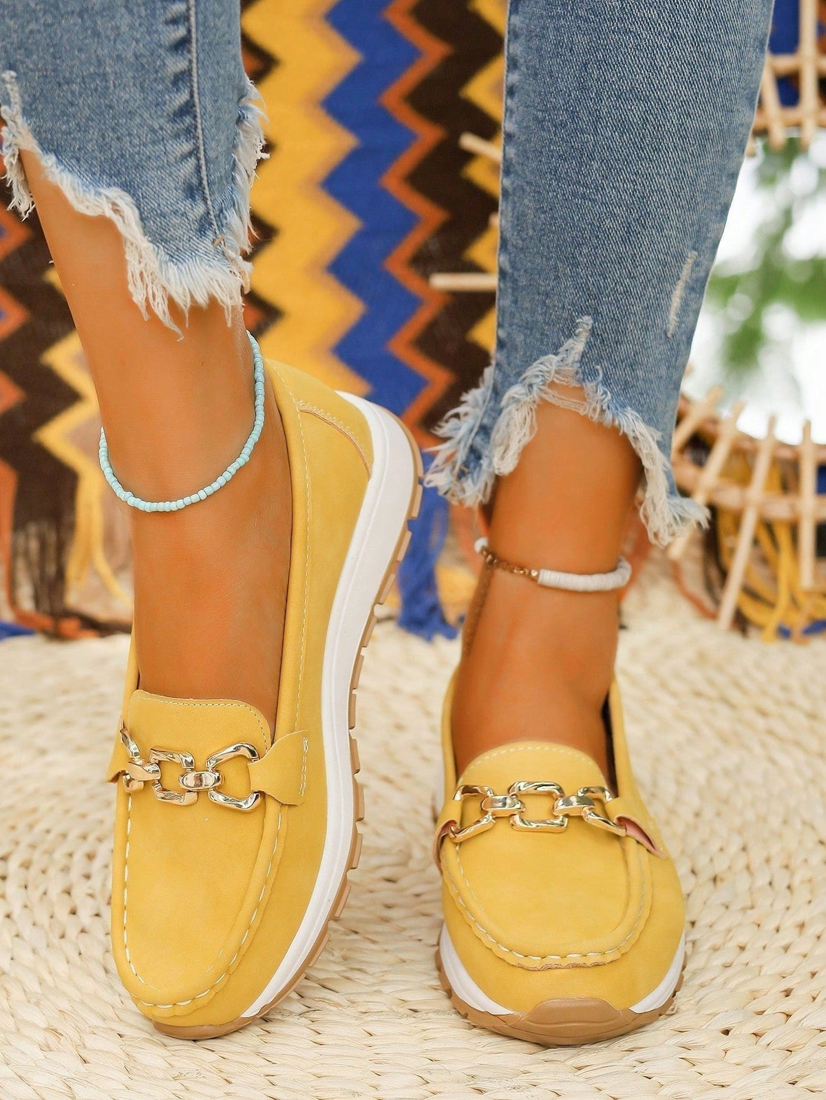 Women's Flat Slip-On Loafers with Gold Buckle Detail – Yellow
