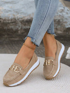 Women's Flat Slip-On Loafers with Gold Buckle Detail