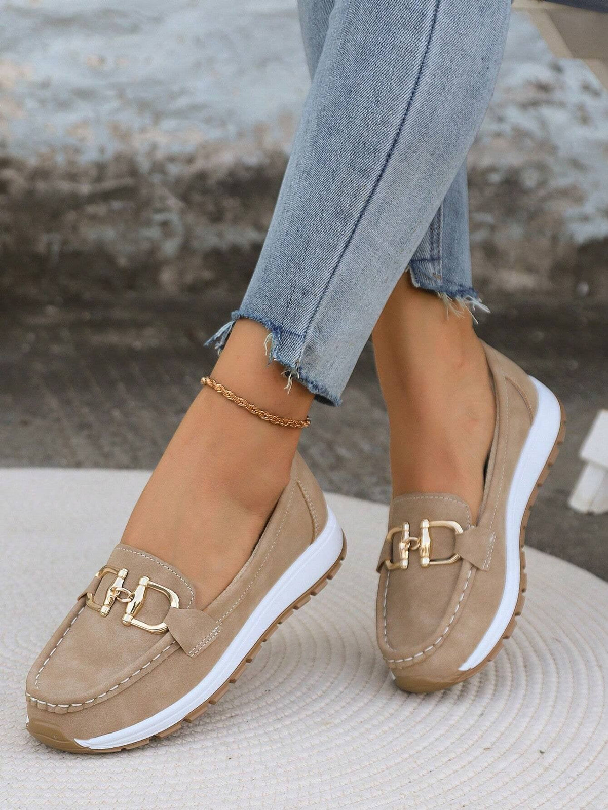 Women's Flat Slip-On Loafers with Gold Buckle Detail