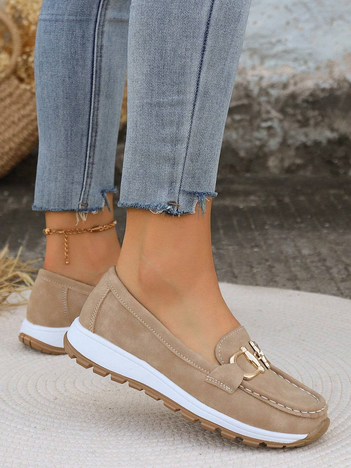 Women's Flat Slip-On Loafers with Gold Buckle Detail
