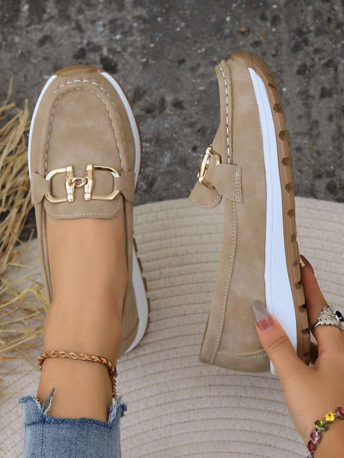 Women's Flat Slip-On Loafers with Gold Buckle Detail