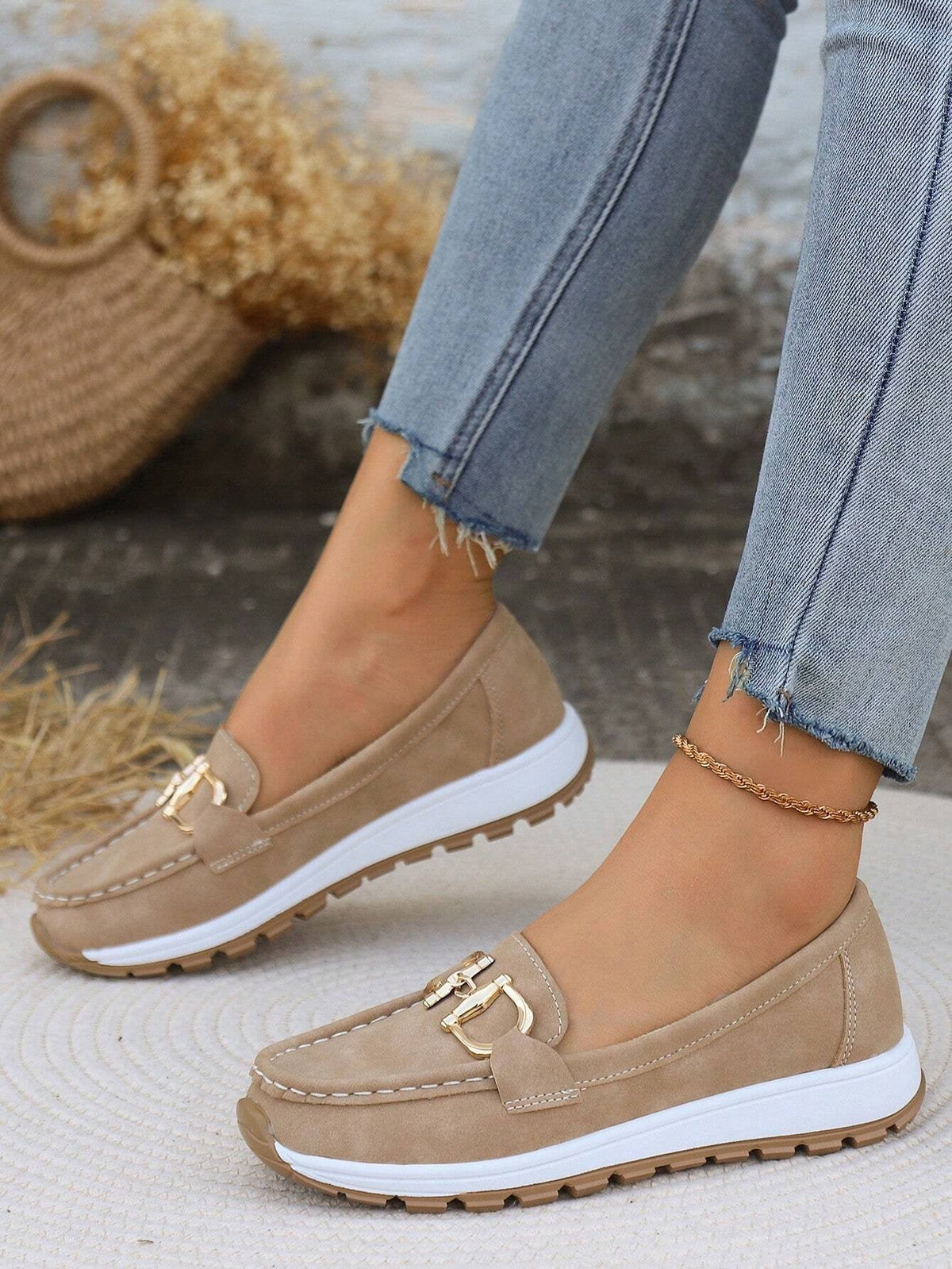 Women's Flat Slip-On Loafers with Gold Buckle Detail