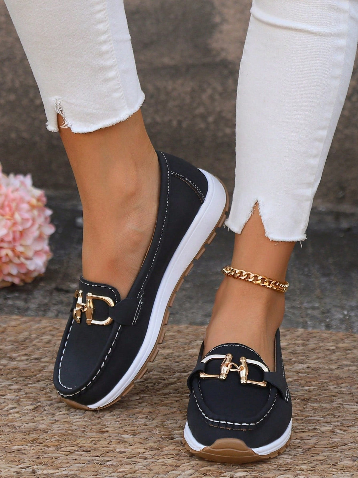 Women's Flat Slip-On Loafers with Gold Buckle Detail – Black