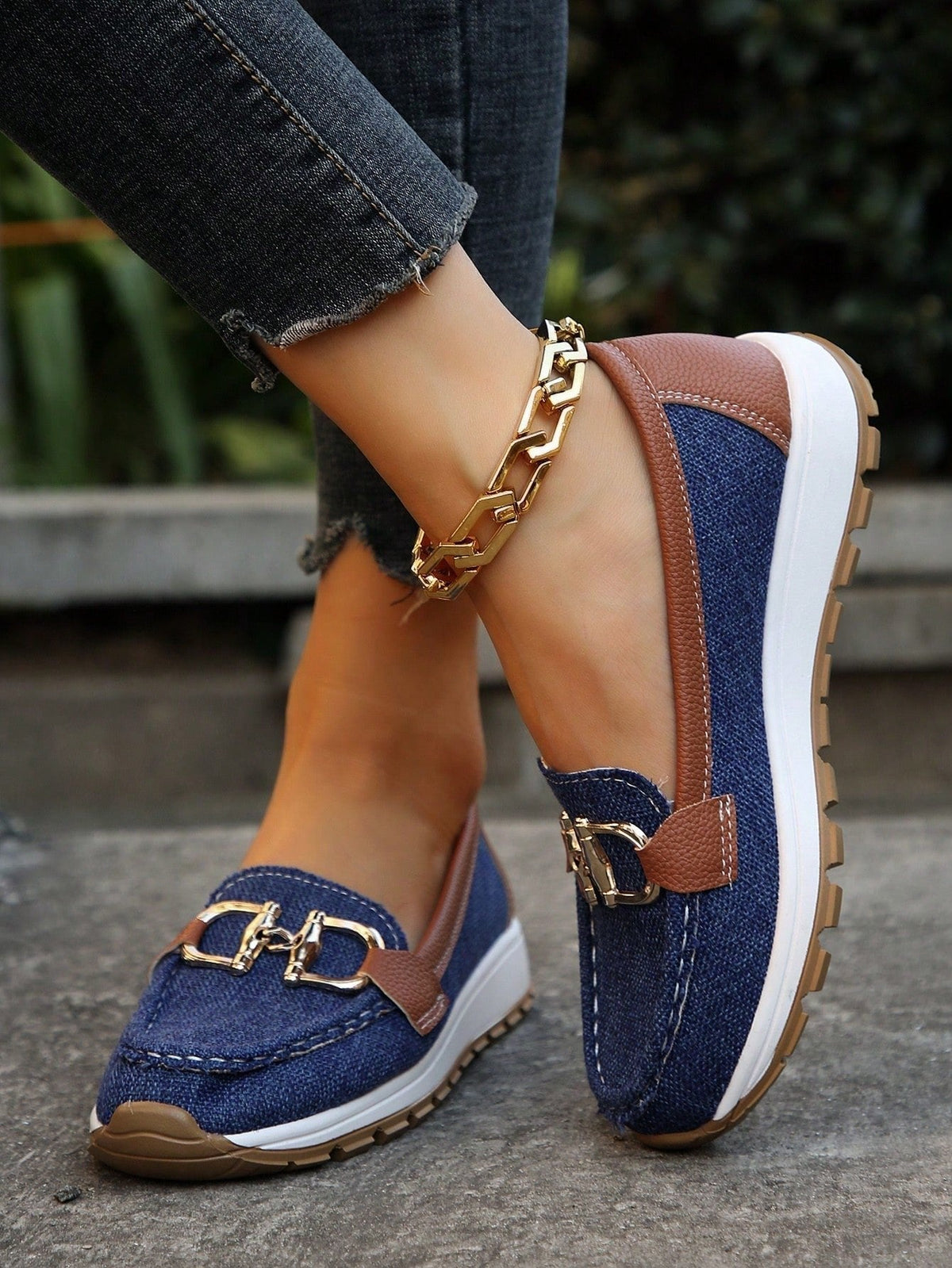 Women's Flat Slip-On Loafers with Gold Buckle Detail – Blue