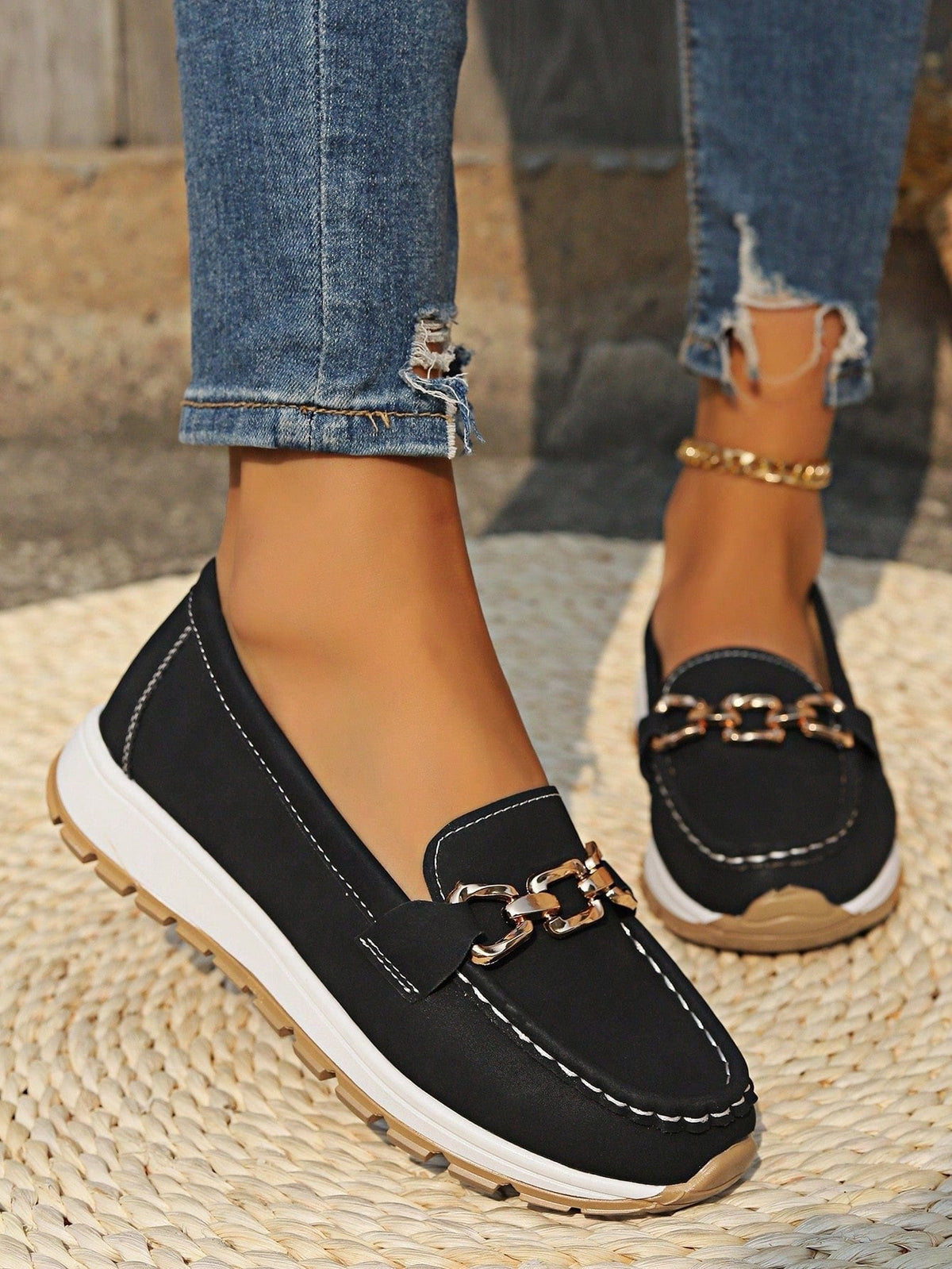 Women's Flat Slip-On Loafers with Gold Buckle Detail