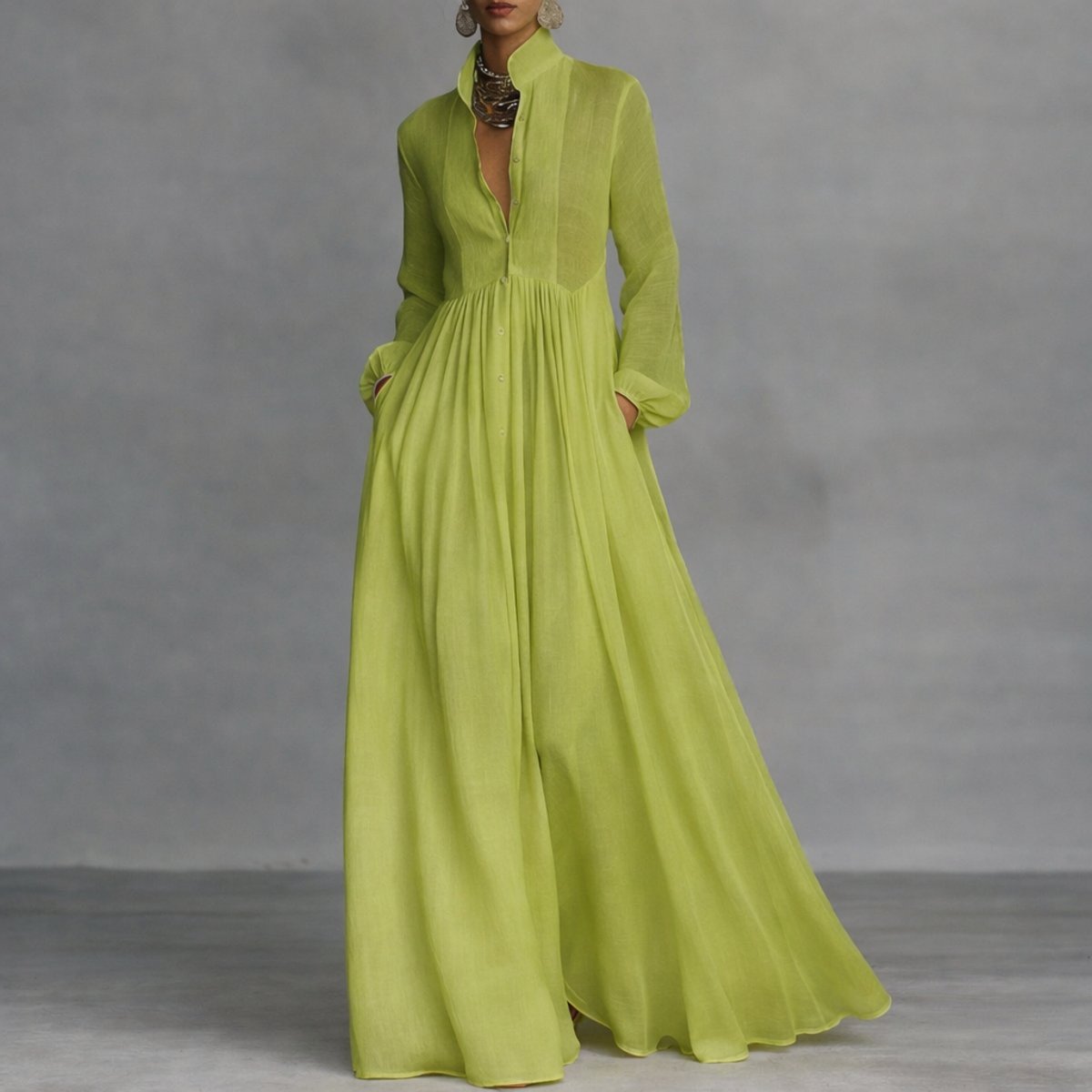 Women's Button-Placket Stand Collar Maxi Dress with Pockets – Green
