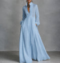 Women's Button-Placket Stand Collar Maxi Dress with Pockets – Light Blue