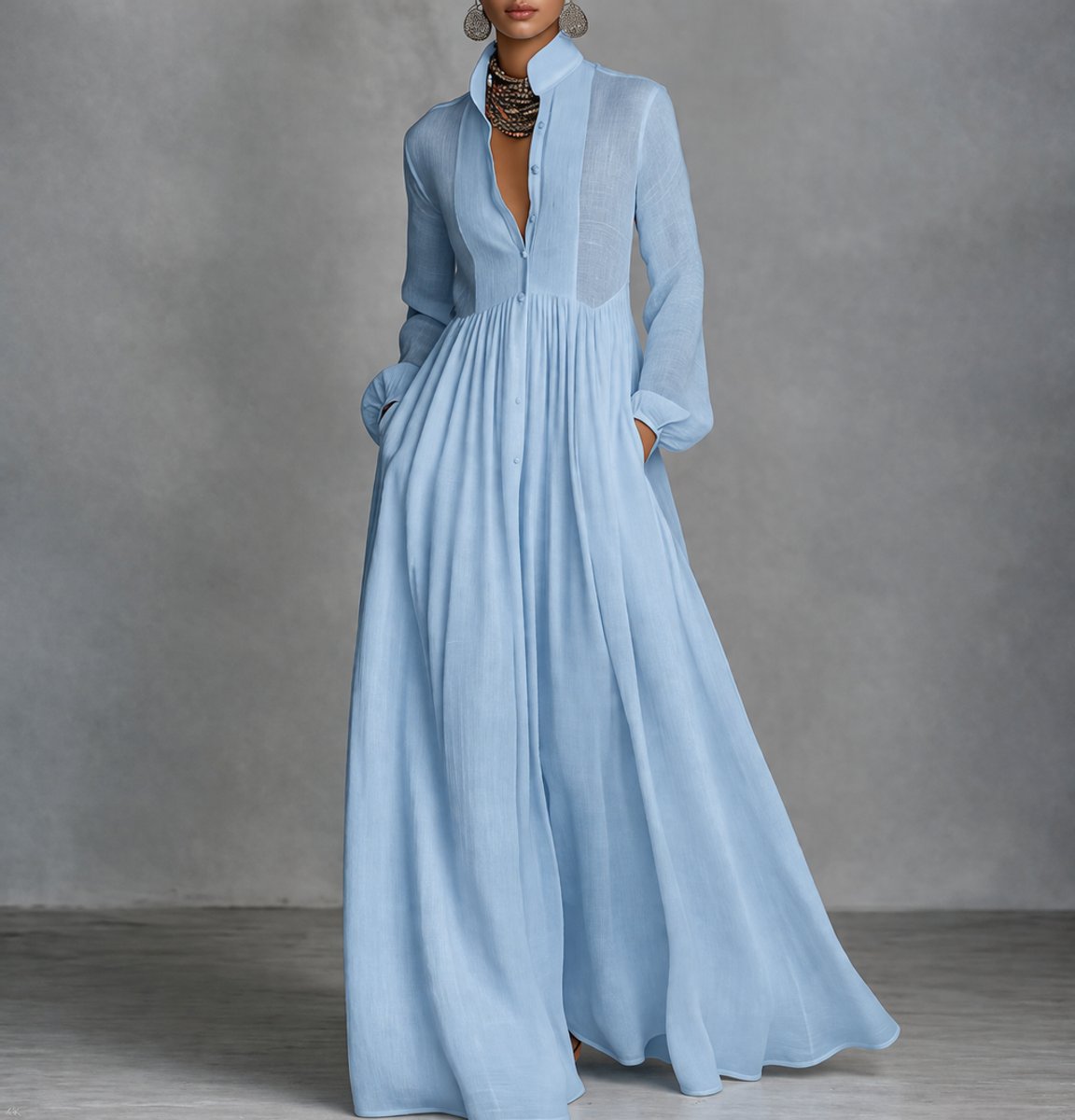 Women's Button-Placket Stand Collar Maxi Dress with Pockets – Light Blue