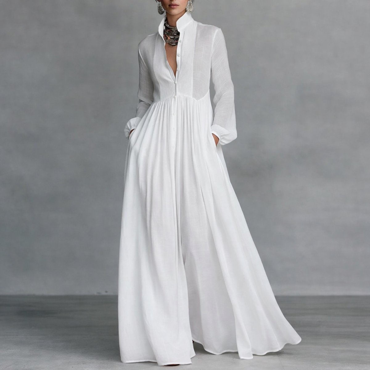 Women's Button-Placket Stand Collar Maxi Dress with Pockets – White