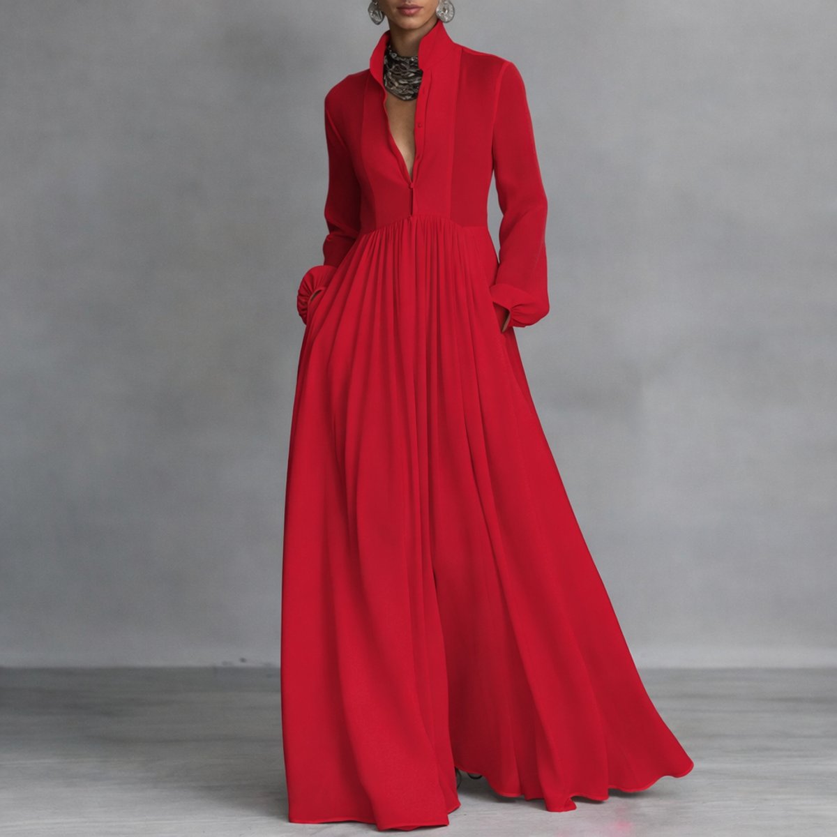Women's Button-Placket Stand Collar Maxi Dress with Pockets – Red