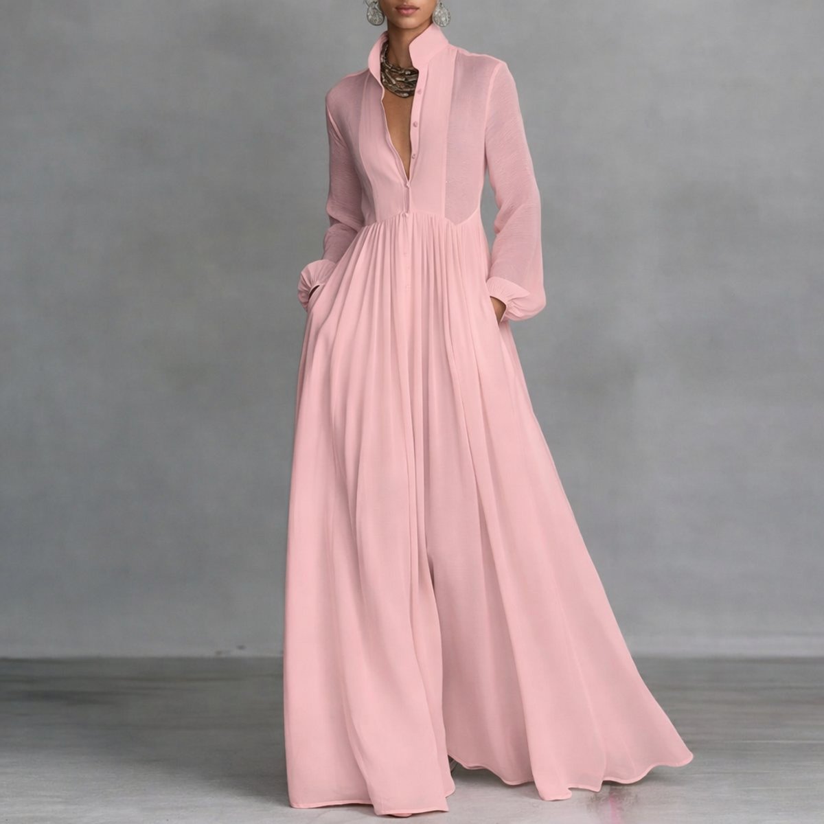 Women's Button-Placket Stand Collar Maxi Dress with Pockets – Pink