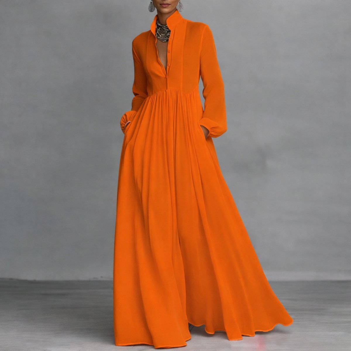 Women's Button-Placket Stand Collar Maxi Dress with Pockets – Orange