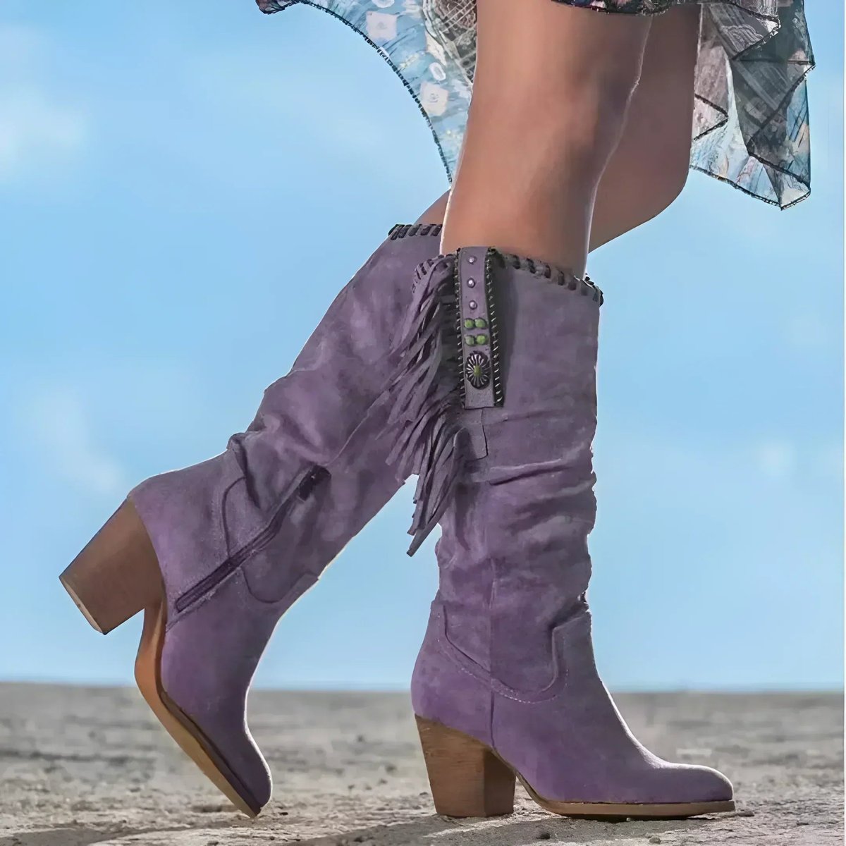 Women's Suede Knee-High Western Boots with Fringe and Stacked Heel – Purple